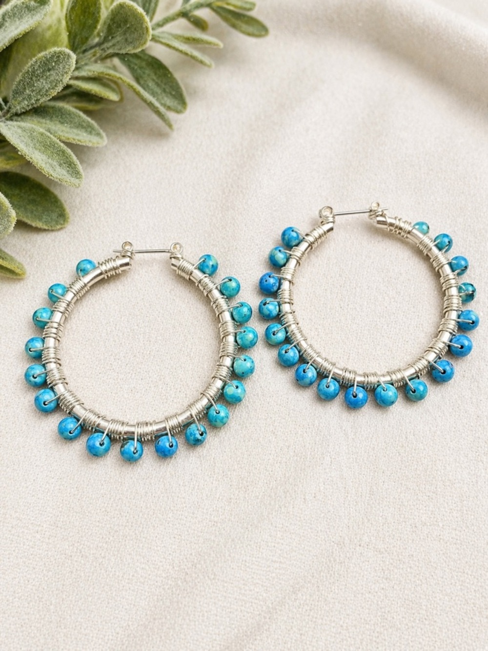 Handcrafted Silver Hoop Earrings with Turquoise Beads